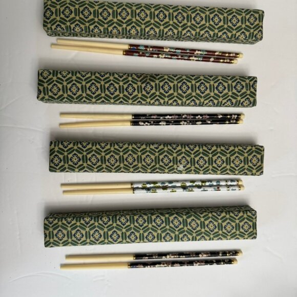 4 Vtg Sets Cloisonne Enamel Inlay Chopsticks in Original Silk Boxes, 8.5”Long - Picture 4 of 9